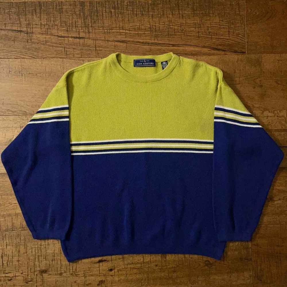 John Ashford Striped Sweater Mens M Blue Green Y2K Grunge Preppy Colorblock Knit